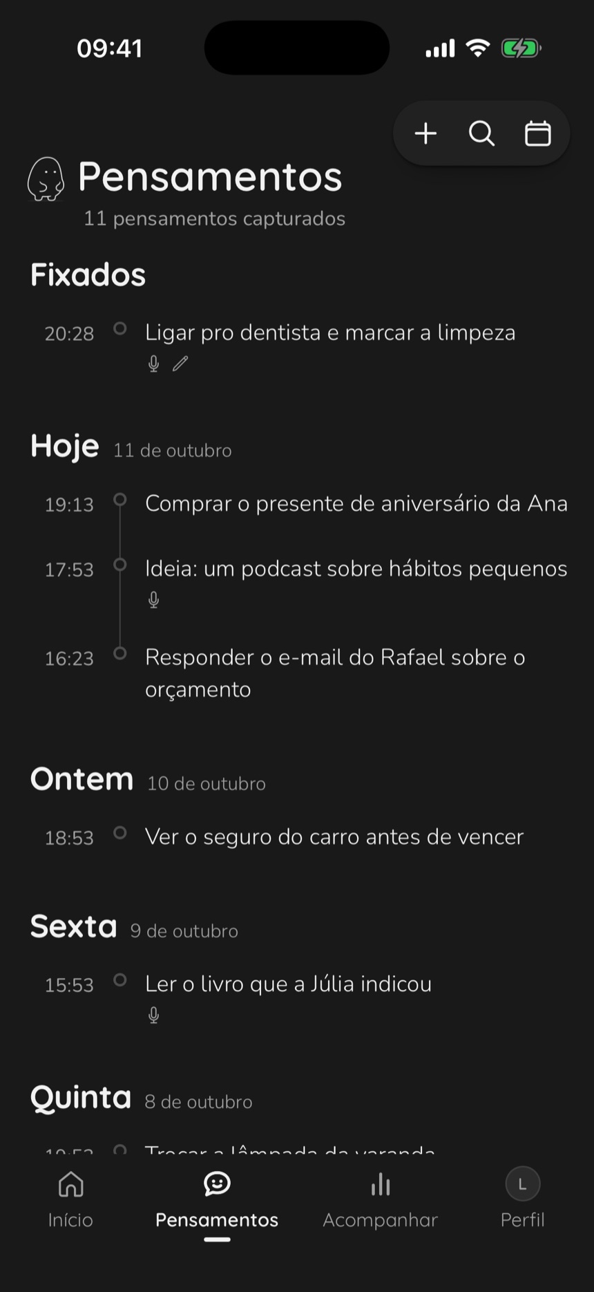 A tela Pensamentos do Think Capture, com a caixa de entrada dos pensamentos guardados
